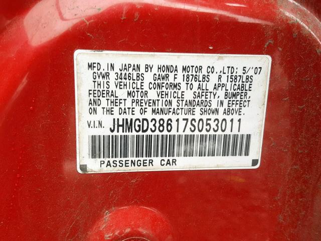 JHMGD38617S053011 - 2007 HONDA FIT S 红色 照片 10
