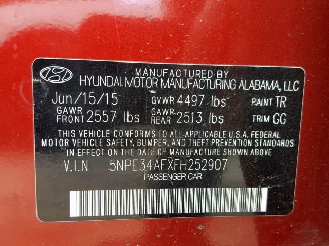 5NPE34AFXFH252907 - 2015 HYUNDAI SONATA SPO RED photo 10