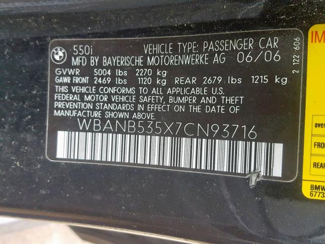 WBANB535X7CN93716 - 2007 BMW 550 I BLACK photo 10