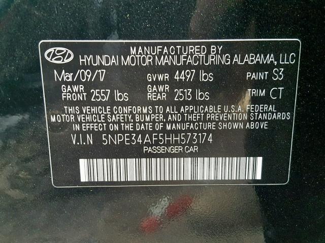 5NPE34AF5HH573174 - 2017 HYUNDAI SONATA SPO BLACK photo 10