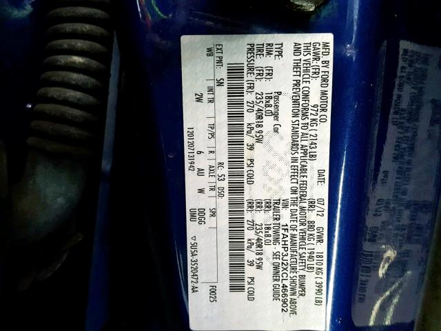 1FAHP3J2XCL466902 - 2012 FORD FOCUS TITA BLUE photo 10