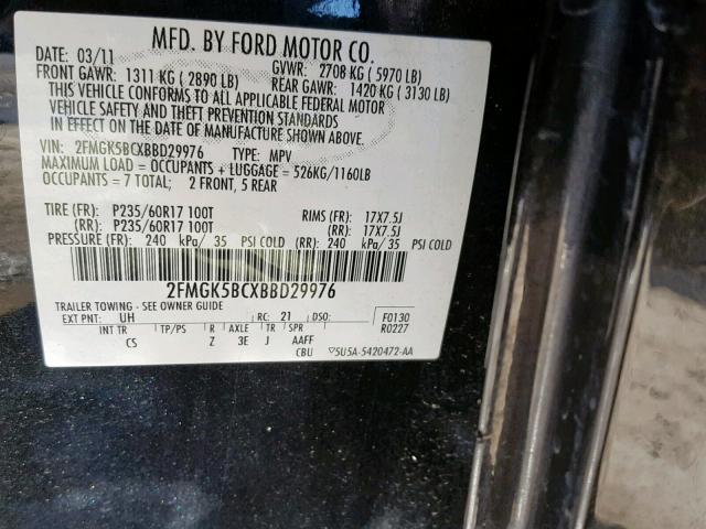 2FMGK5BCXBBD29976 - 2011 FORD FLEX SE BLACK photo 10