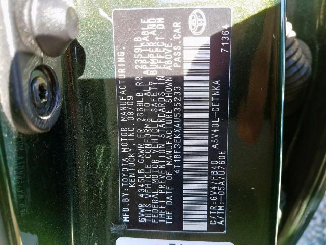 4T1BF3EKXAU535233 - 2010 TOYOTA CAMRY BASE GREEN photo 10