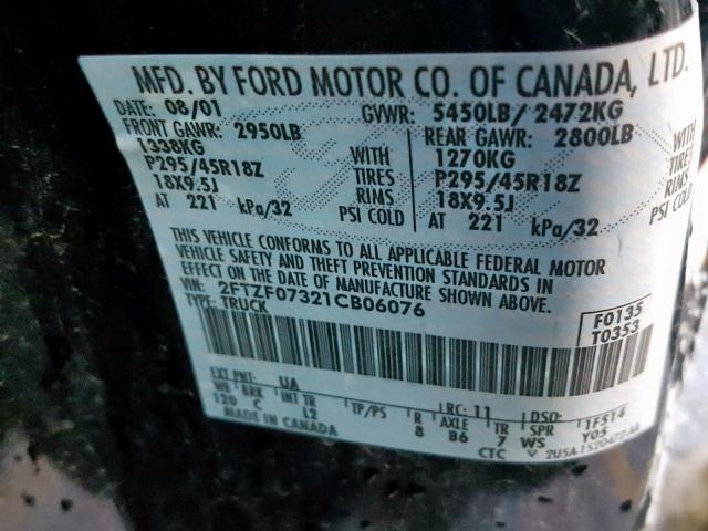 2FTZF07321CB06076 - 2001 FORD F150 SVT L BLACK photo 10