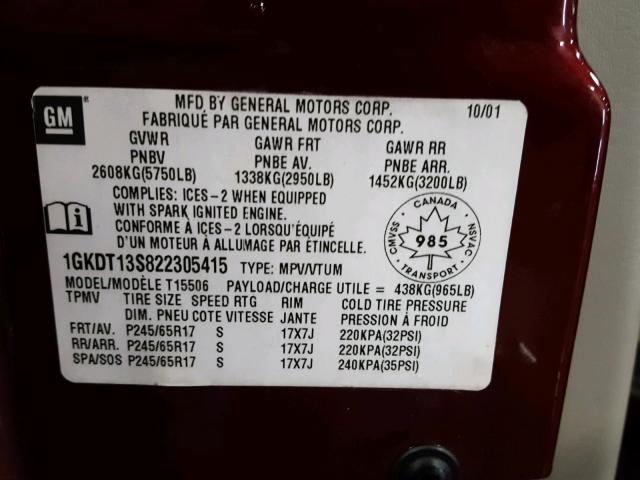 1GKDT13S822305415 - 2002 GMC ENVOY BURGUNDY photo 10