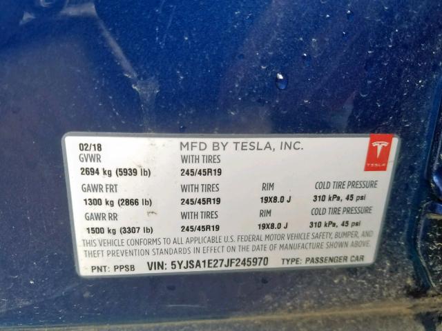 5YJSA1E27JF245970 - 2018 TESLA MODEL S BLUE photo 10