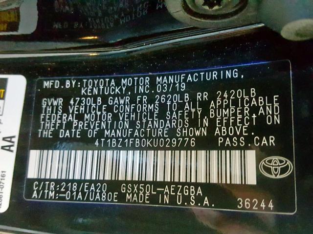 4T1BZ1FB0KU029776 - 2019 TOYOTA AVALON XLE BLACK photo 10