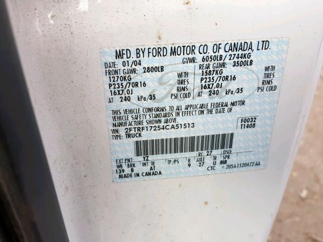 2FTRF17254CA51513 - 2004 FORD F-150 HERI WHITE photo 10