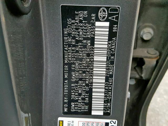 2T1KR32E85C493822 - 2005 TOYOTA COROLLA MA GRAY photo 10