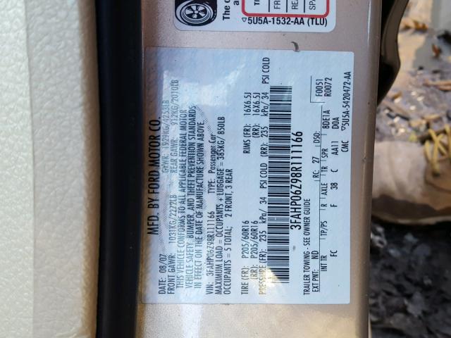 3FAHP06Z98R111166 - 2008 FORD FUSION S TAN photo 10