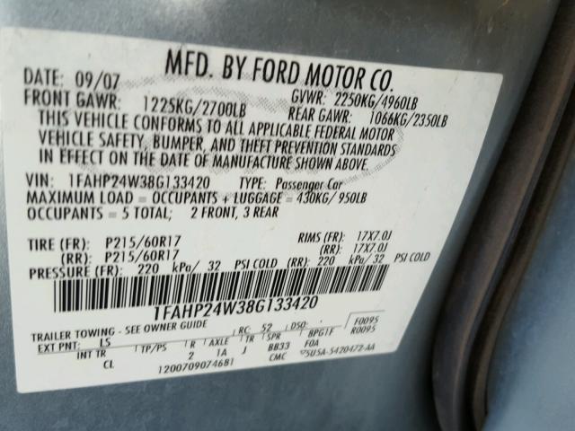 1FAHP24W38G133420 - 2008 FORD TAURUS SEL BLUE photo 10