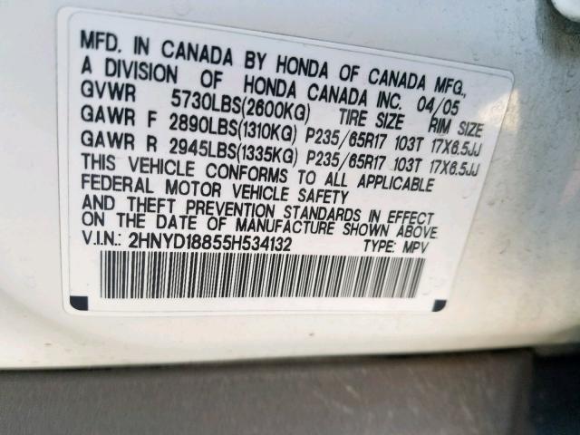 2HNYD18855H534132 - 2005 ACURA MDX TOURIN WHITE photo 10