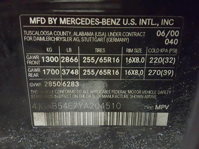 4JGAB54E7YA204510 - 2000 MERCEDES-BENZ ML 320 BLACK photo 10