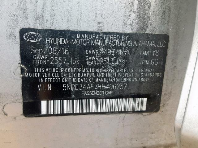 5NPE34AF7HH496257 - 2017 HYUNDAI SONATA SPO SILVER photo 10