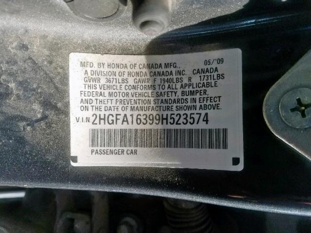 2HGFA16399H523574 - 2009 HONDA CIVIC VP CHARCOAL photo 10