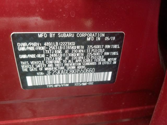 JF2SKAGC8KH550660 - 2019 SUBARU FORESTER P RED photo 10