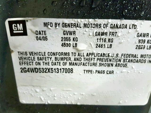 2G4WD532X51317008 - 2005 BUICK LACROSSE C GRAY photo 10