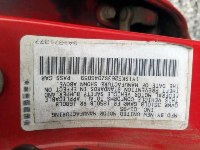 1Y1SK5263SZ046059 - 1995 GEO PRIZM BASE წითელი ფოტო 10