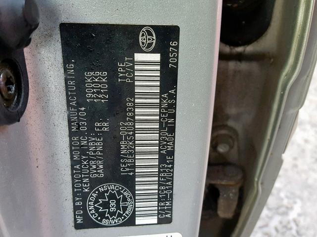 4T1BE32K54U878382 - 2004 TOYOTA CAMRY LE SILVER photo 10