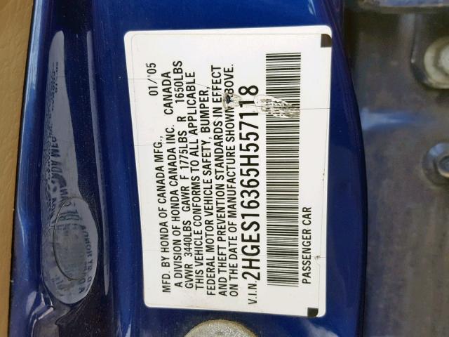 2HGES16365H557118 - 2005 HONDA CIVIC DX V BLUE photo 10