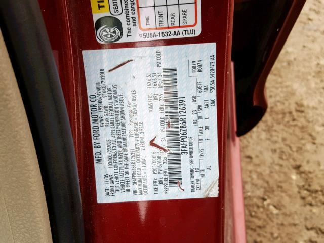 3FAFP06Z86R126391 - 2006 FORD FUSION S MAROON photo 10