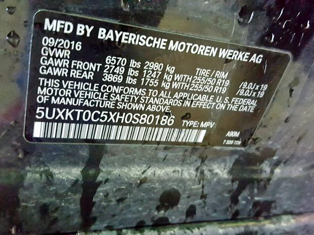 5UXKT0C5XH0S80186 - 2017 BMW X5 XDR40E GRAY photo 10