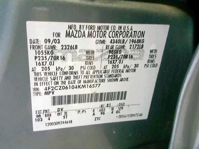 4F2CZ06104KM16577 - 2004 MAZDA TRIBUTE ES 绿色 照片 10