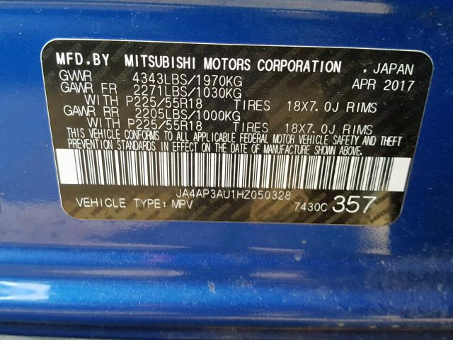 JA4AP3AU1HZ050328 - 2017 MITSUBISHI OUTLANDER BLUE photo 10