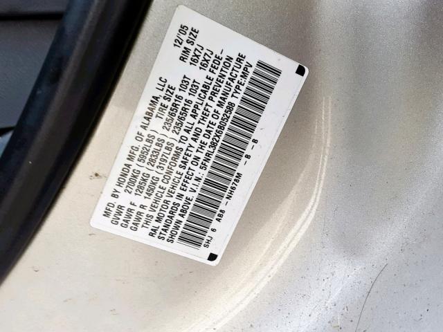 5FNRL382X6B052588 - 2006 HONDA ODYSSEY LX SILVER photo 10