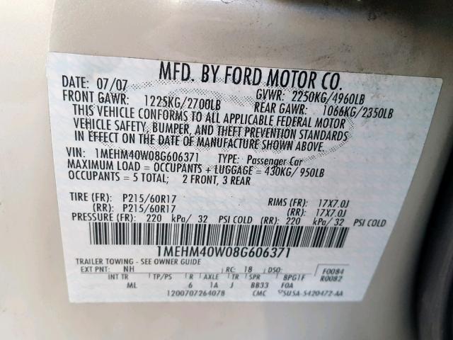 1MEHM40W08G606371 - 2008 MERCURY SABLE LUXU CREAM photo 10