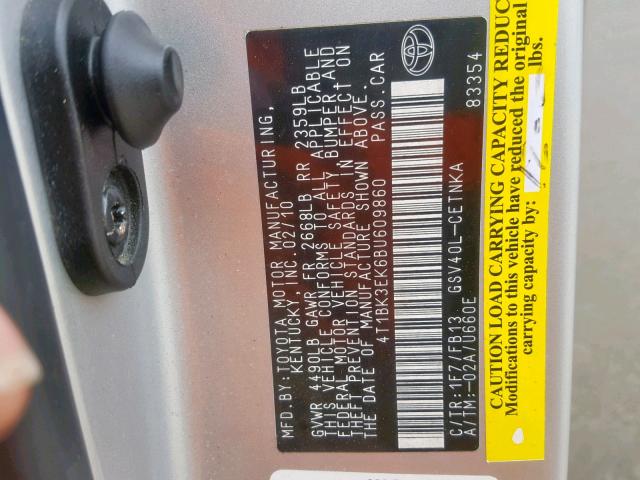 4T1BK3EK6BU609860 - 2011 TOYOTA CAMRY SE 银色 照片 10