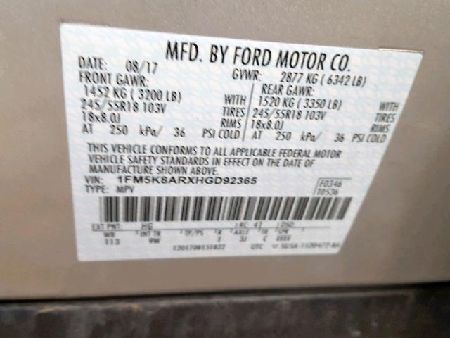 1FM5K8ARXHGD92365 - 2017 FORD EXPLORER P SILVER photo 10