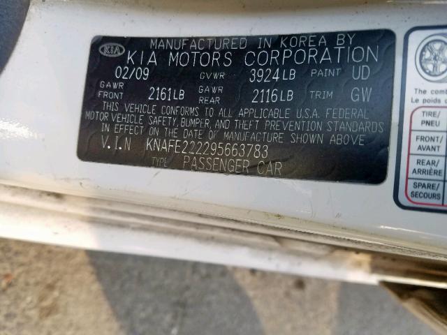 KNAFE222295663783 - 2009 KIA SPECTRA EX WHITE photo 10