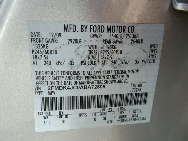 2FMDK4JC0ABA72808 - 2010 FORD EDGE SEL SILVER photo 10