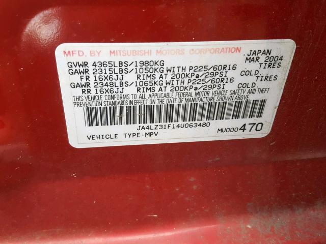 JA4LZ31F14U063480 - 2004 MITSUBISHI OUTLANDER RED photo 10