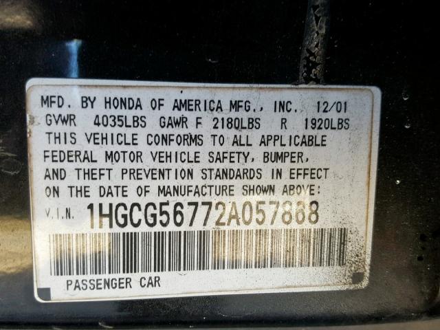 1HGCG56772A057868 - 2002 HONDA ACCORD SE BLACK photo 10