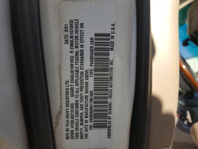 4S3BH806617661982 - 2001 SUBARU LEGACY OUT WHITE photo 10