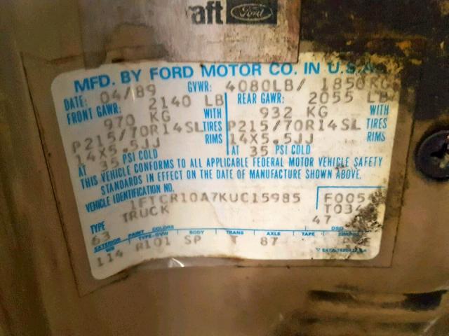 1FTCR10A7KUC15985 - 1989 FORD RANGER GOLD photo 10