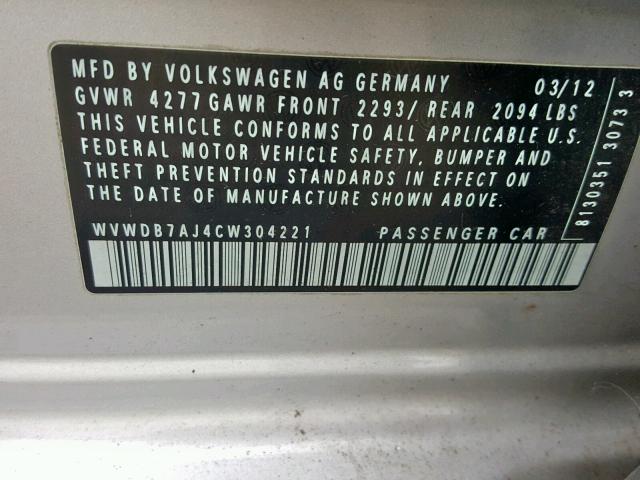 WVWDB7AJ4CW304221 - 2012 VOLKSWAGEN GOLF SILVER photo 10