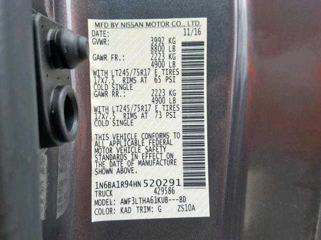 1N6BA1R94HN520291 - 2017 NISSAN TITAN XD S GRAY photo 10