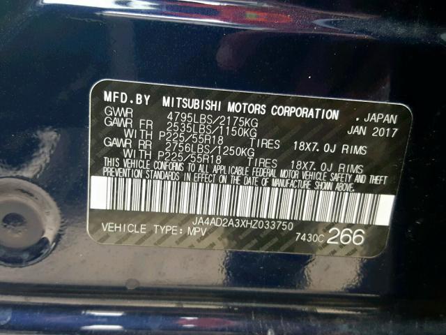 JA4AD2A3XHZ033750 - 2017 MITSUBISHI OUTLANDER BLUE photo 10