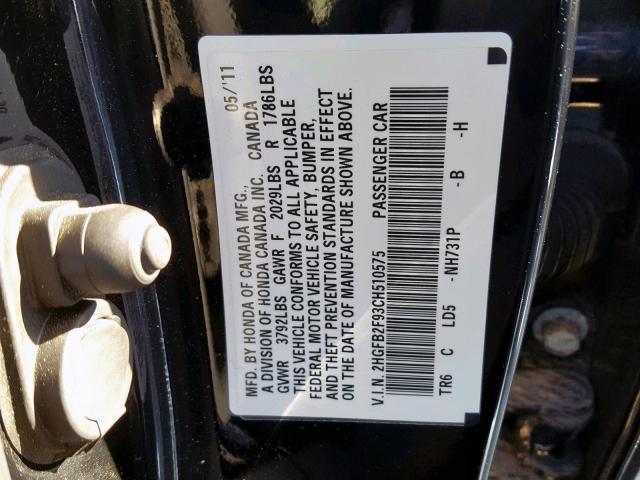 2HGFB2F93CH510575 - 2012 HONDA CIVIC EXL BLACK photo 10