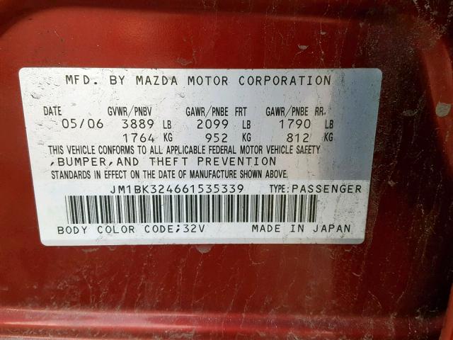 JM1BK324661535339 - 2006 MAZDA 3 S BURGUNDY photo 10