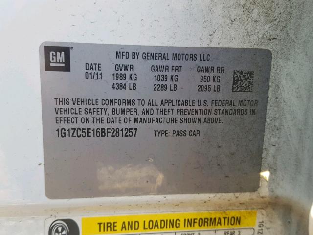 1G1ZC5E16BF281257 - 2011 CHEVROLET MALIBU 1LT WHITE photo 10