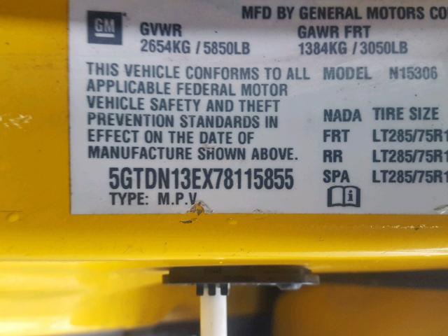 5GTDN13EX78115855 - 2007 HUMMER H3 YELLOW photo 10