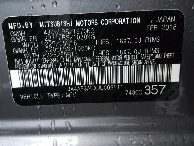 JA4AP3AUXJU006511 - 2018 MITSUBISHI OUTLANDER SILVER photo 10