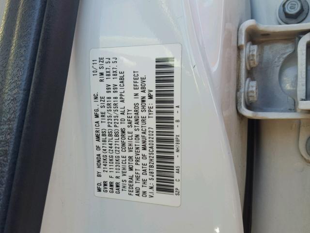 5J8TB2H25CA002027 - 2012 ACURA RDX WHITE photo 10