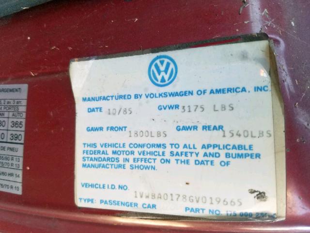 1VWBA0178GV019665 - 1986 VOLKSWAGEN GOLF CUSTO BURGUNDY photo 10