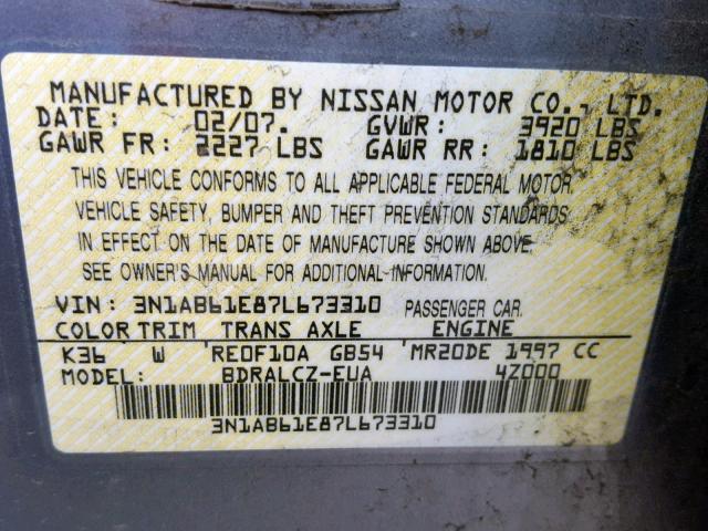 3N1AB61E87L673310 - 2007 NISSAN SENTRA 2.0 GRAY photo 10