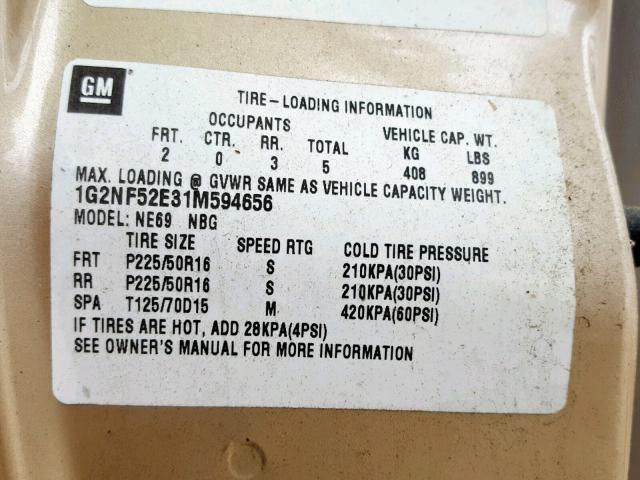 1G2NF52E31M594656 - 2001 PONTIAC GRAND AM S GOLD photo 10